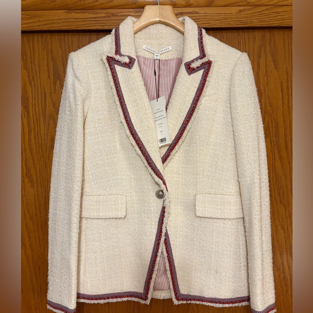 NWT Veronica Beard Cutaway Dickey Jacket Cream Blazer with Red Trim